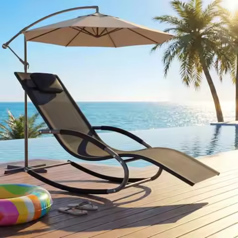 Outdoor Lounge Chair for Patio and Poolside Use, Black Tesla Fabric with Breathable Soft Texture, No
