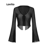 Lovito Casual Cardigans Plain Lace Up Trumpet Sleeve Y2K Cardigan for Women L52AD060 (Black)