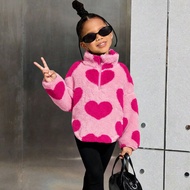 2pcs/Set Young Girls Reversible Heart Print Fleece Zip-Up Hoodie And Leggings Set, Casual Wear For A