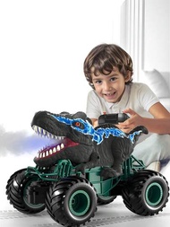 Coche De Juguete Dinosaurio Controlado Por Control Remoto En Forma De Velociraptor, 2.4ghz, Con Funciones De Avance / Retroceso, Giro A La Derecha / Izquierda, Luces, Sonido Y Spray, Adecuado Para Jugar Tanto En Interiores Como En Exteriores, Gran Regalo