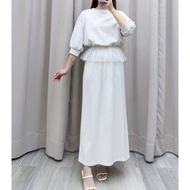 Yarn Drawstring Fake 2-Piece Top Elastic Waist Back Slit Skirt (2-Piece Suit) 6023