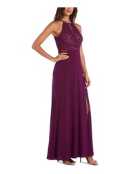 Morgan & CO Womens Purple Glitter Slitted Sleeveless Halter Full-Length Formal Pleated Dress 3