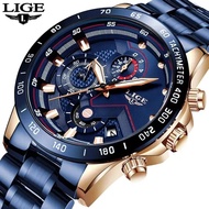 LIGE Fashion Men's Watch Original Stainless Steel Wristwatch Multifunctional Waterproof Luminous Sports Watch Men + Box
