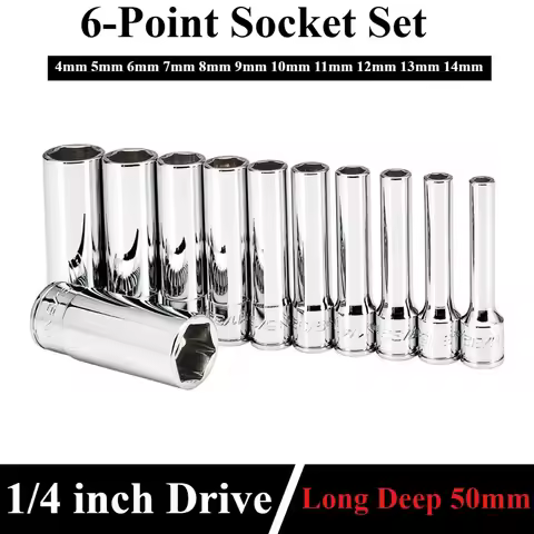 1/4 inch Drive Deep Socket Set 6-Point Metric Long Chrome Socket Set From 4mm to 14mm Professional G