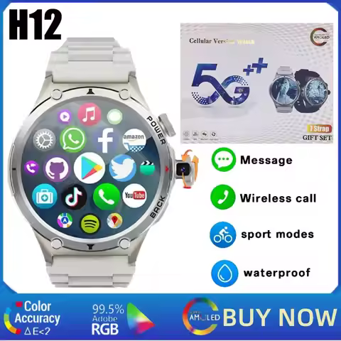 H12 4G/5G LTE Smartwatch, Android Watch with 1.6-inch AMOLED HD Screen, GPS Positioning, WiFi, Bluet