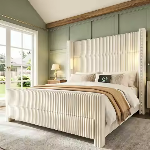 Queen Bed Frame with 56.7" Tall Wingback Headboard & Reading Lights, Cream | Corduroy Upholstered Pl
