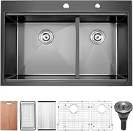 33 Inch Black Double Bowl Kitchen Sink, Bewitch 33x22x10 Inches Gunmetal Black Stainless Steel Topmo