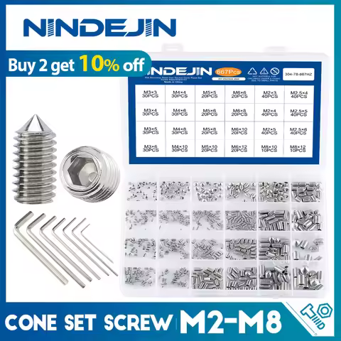 NINDEJIN Hexagon Socket Set Screw Kit Cone Point Stainless Steel Headless Grub Screw Assorment Kit M