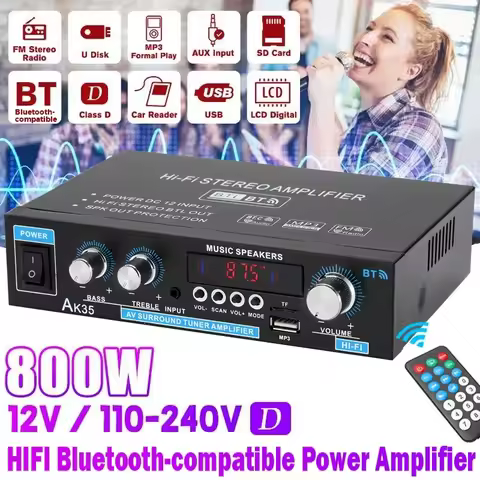 AK35 800W Home Car Amplifiers 2 Channel bluetooth 5.0 Surround Sound FM USB Remote Control Mini HIFI