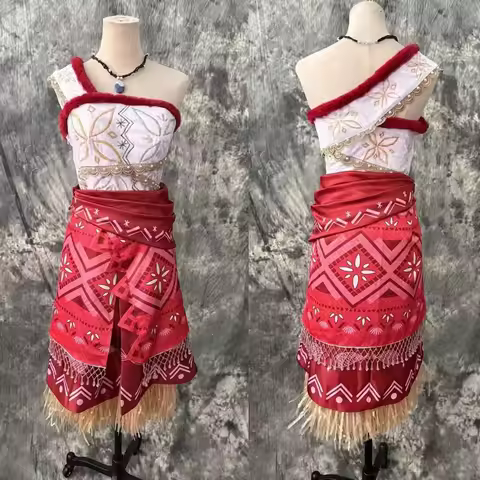 Moana Cosplay Costume Princess Dress Adult Top Embroidered Necklace Skirt Full Set Female Halloween 