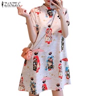 ZANZEA Women Korean Vintage New Chinese Style Cheongsam Stand Collar Print Dress