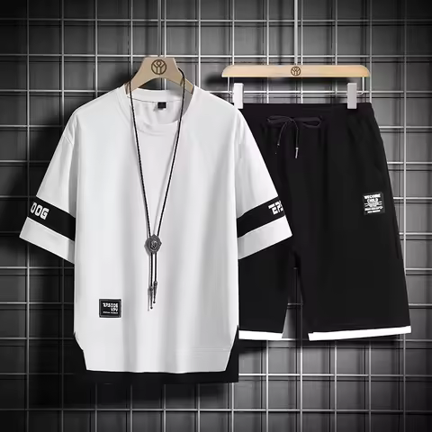 2024 Summer Black White Tracksuits For Men's Set Sleeves T-Shirt + Shorts Sportswear Brand Sporting 