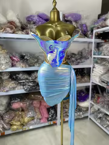 Women Y2K Party Outfits Sky Blue Laser 3D Diamonds Corset Top And Mini Skirt Bodycon Two Pieces Sets