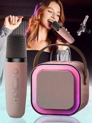 粉色小型無線麥克風卡拉ok機配有彩色led燈3d立體低音照明揚聲器帶派對燈,生日禮物