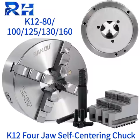 K12 Lathe Four Jaw Self-Centering Chuck K12-80 K12-100/125/130/160/200 4 Jaw Manual Chuck Sanou CNC