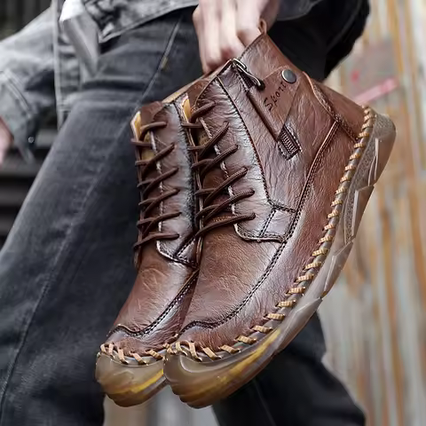 Classical Vintage Men's Ankle Boots Soft Leather Motorcycle Boots Handmade High Top Casual Shoes Out