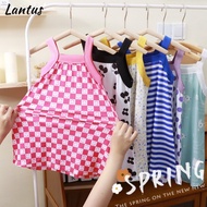 LANTUS New Girls Summer Suspender Dress Ice Silk Floral Princess Dress Striped Plaid Printed Pajamas