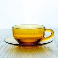 日本製石塚硝子adelex琥珀色寬口咖啡茶杯盤組 中古品 台灣免運