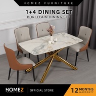 Homez 4/6 Seater Porcelain Table Top + Metal Leg Dining Set - Gold/Grey + PU Chair