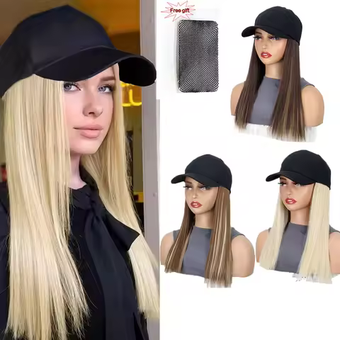 18Inch Synthetic Baseball Cap Wig With Black Hat Long Straight Hair Wigs for Women Connect One Piece