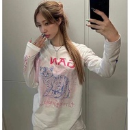 Ganni Long Sleeve Tee - Cat Print Lightweight Casual Top for Women | Fall/Winter Trendy White Top