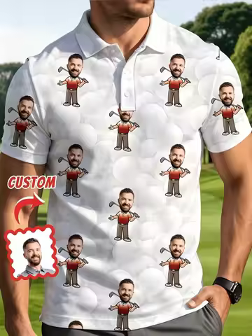 Custom Face Golf Polo Shirt Personalized Cartoon Print Golf Ball Pattern Tee Shirt Men's Short Sleev