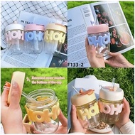 DOUBLE GLASS CUP + STRAW WITH GRAPHIC PATTERNS/HOHO