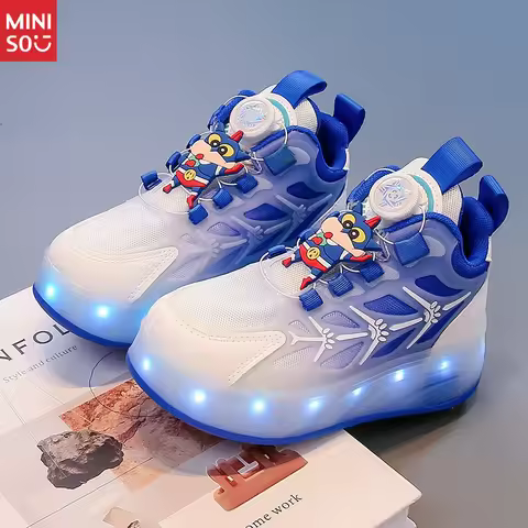 Miniso 2025 Kids Heelys Roller Shoes, Cartoon Button Sneakers for Boys & Girls