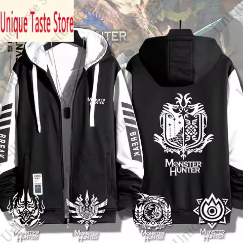 Monster Hunter Rise Zipper Hoodie Mizutsune Zinogre Hunters Guild Emblem Print Hoodies Autumn Thick 