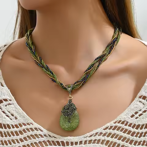Bohemia Ethnic Resin Stone Pendant Necklace Women Crystal Flower Decoration Multilayer Beads Chain C