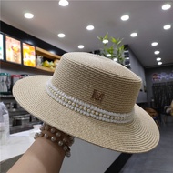 Vintage Sun Hats For Women Summer Travel Beach Pearl Straw Church Hat Jazz Cap Wide Brim Flat Top Fedora 2021