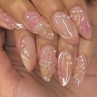 A Set Of 24 Almond-Shaped Press-On Nails In Pink With 3D Floral And Bubble Bead Designs, Suitable Fo