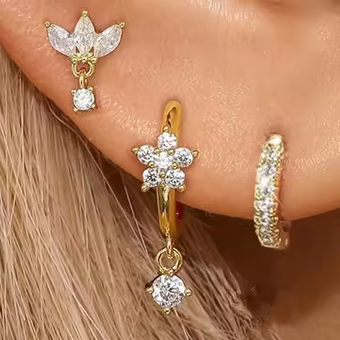 3PCS Crystal Leaf Tragus Earring Set For Women Fashion Cartilage Huggie Hoop Earrings Bulk Helix Jew