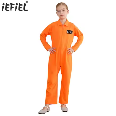 Boys Girls Orange Zipper Prisoner Cosplay Costume Jailbird Convict Inmate Prison Uniform Character R