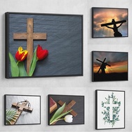 Christian Cross Poster Easter Jesus On The Cross Flower Wall Art Pictures Canvas Print Bible Religio