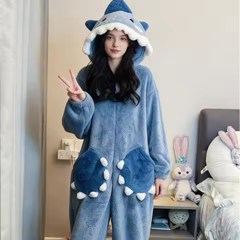 Winter Cartoon Cute Shark Women's Hooded Sleepwear Cosplay Pajamas Jumpsuit Female Christmas Party L