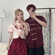 New Chinese-style Couple Outfit - Short Sleeve Shirt & Embroidered Red Skirt for Engagement