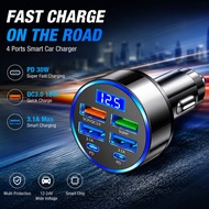 6-in-1 USB car phone charger adapter with voltage display; dual PD super fast charging; 12-24V; fits