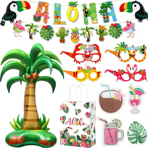 Aloha Hawaiian Party Decorations Banner Balloons Paper Glasses Bags Napkins for Hawaiian Luau Holida