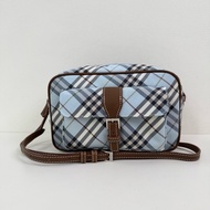 Burberry/博柏利 淺藍色格紋相機包 斜挎包 銀扣