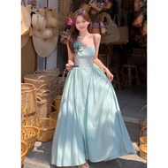 French Blue Sling Dress - Elegant Long Evening Gown