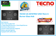 UNO UG 3076TRSV  76cm 3-Burner Glass Hob / FREE EXPRESS DELIVERY