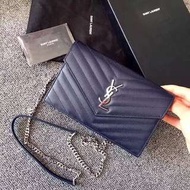 全新全套YSL 魚子醬皮深藍色小號鏈條woc