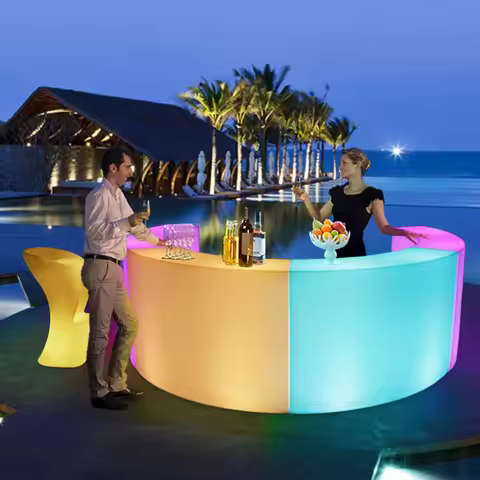 LED Light Plastic Bar Counter Beach,150*40*102cm,Plastic Curved Bar Table, Rechargeable LED Bar Furn