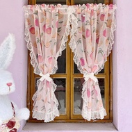 Pink Peach Printed Sheer Short Curtains with Romantic Lace Trim Ruffled Voile Tier Kitchen Valance for Cafe Cabinet Linen Look Semi-Transparent Casual Rod Pocket Doorway Curtain