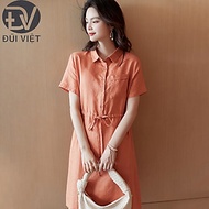 Váy sơ mi dáng dài thắt eo,Đầm sơ mi nữ ngắn tay form suông vintage Đũi Việt