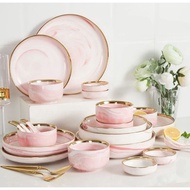 Luxury Pink Marble Ceramic Dining Set Pinggan Mangkuk Seramik Pink Marble Mewah Set Pinggan Mangkuk Kaca Seramik