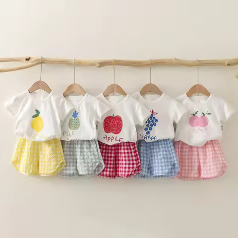 Fashion 2pcs Baby Girl's Short Sleeve Suit Fruit Print Sets Kids T-shirts +shorts Plaid Clothing Tod