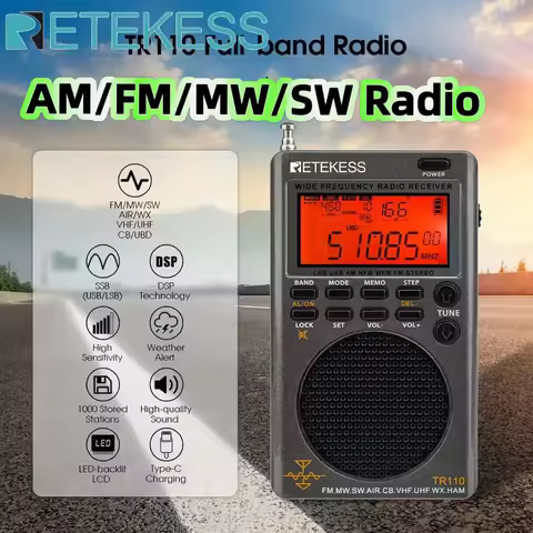 Retekess TR110 Portable SSB Shortwave Radio FM MW SW LSB AIR CB VHF UHF Full Band NOAA Alert Digital