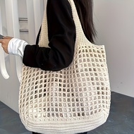Hollow Knitted Beach Bag Seaside Vacation Large Capacity Tote Bag College Student Retro Style Photo 